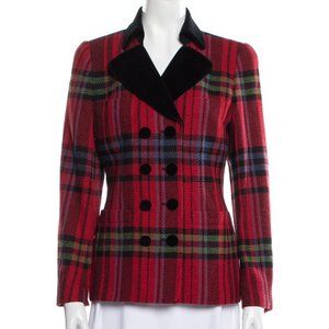 RENA LANGE ~Red Plaid Wool Blend + Black Velvet Jacket Blazer in size 40 / US 10